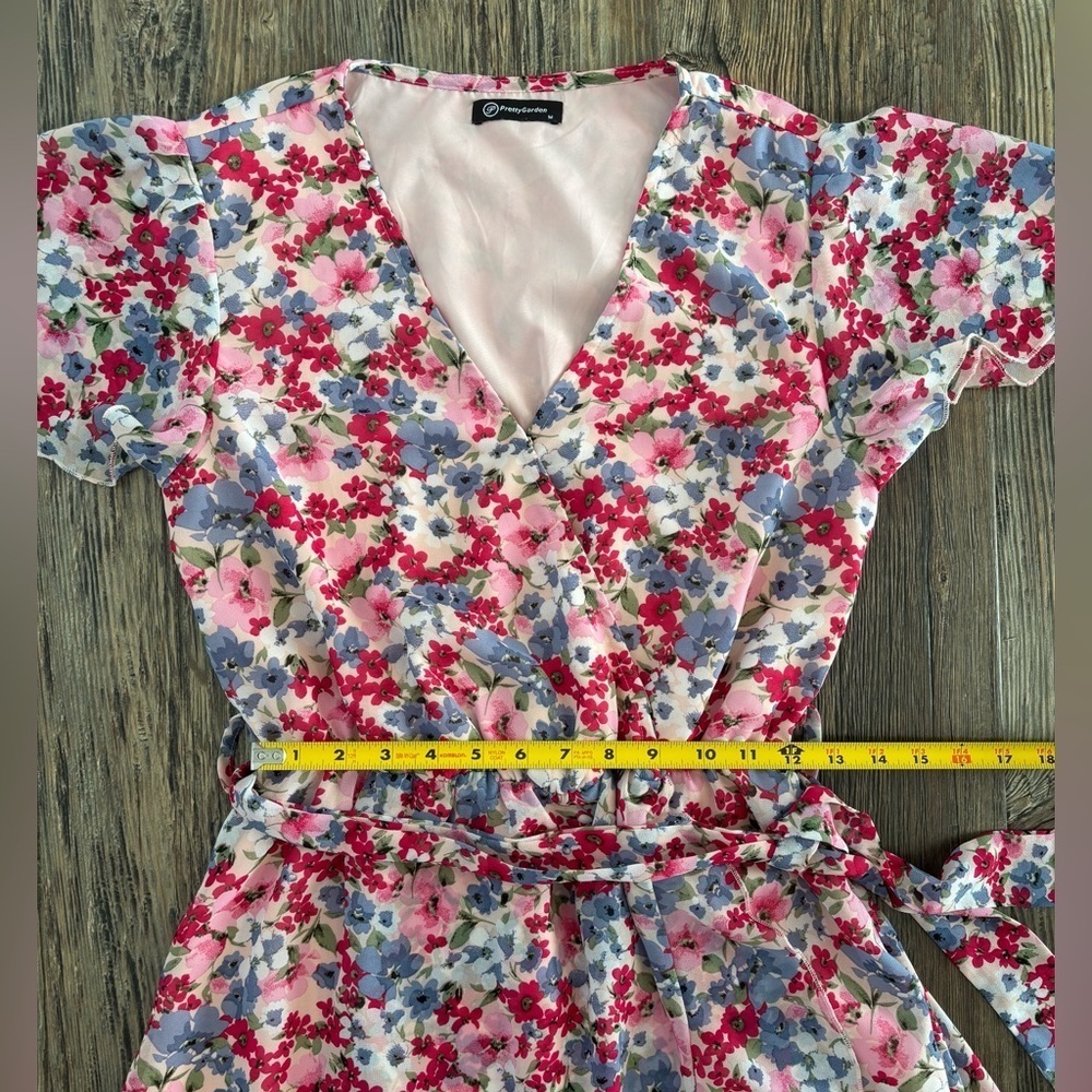 Pretty Garden M Floral Ruffle Hem Wrap Chiffon Belted Dress S/S V-Neck Colorful - Picture 7 of 11